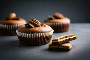 chocolate cupcakes with pecans and chocolate frosting. AI-Generated photo