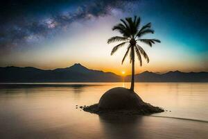 un palma árbol soportes en un isla en el medio de el océano. generado por ai foto