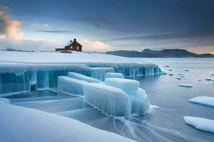 hielo témpanos y un casa en el medio de el agua. generado por ai foto