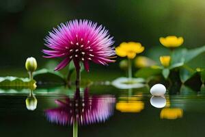 a pink flower and a white ball in the water. AI-Generated photo