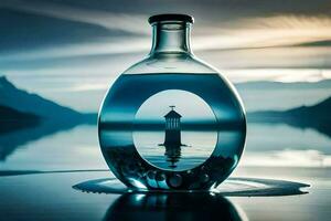 a bottle with a lighthouse in it on the water. AI-Generated photo