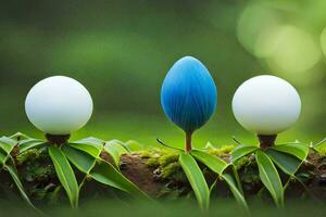 three white and blue eggs are growing on a plant. AI-Generated photo