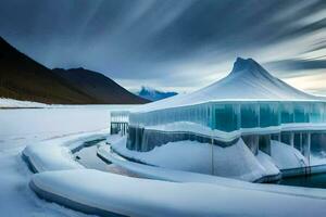 a large building made of ice in the snow. AI-Generated photo