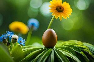 an egg sitting on top of a green plant. AI-Generated photo