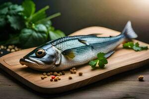 a fish on a cutting board with spices. AI-Generated photo