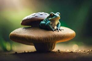 a frog sits on top of a mushroom. AI-Generated photo