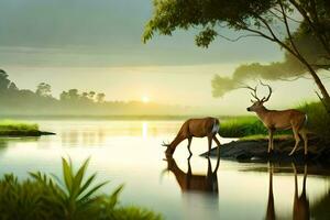 dos ciervo son Bebiendo agua en el río a puesta de sol. generado por ai foto