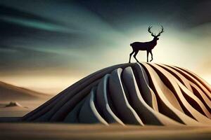 a deer stands on top of a mountain in the desert. AI-Generated photo