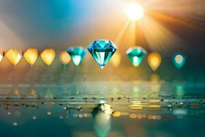 a diamond floating in the water with a light shining on it. AI-Generated photo