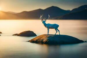 un ciervo soportes en un rock en el agua a puesta de sol. generado por ai foto