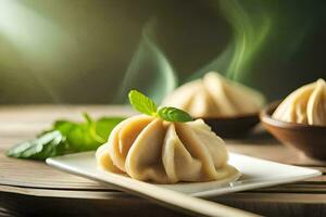 dumplings on a plate with chopsticks and smoke. AI-Generated photo