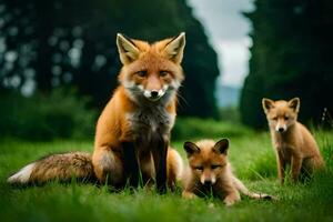 a fox family in the grass. AI-Generated photo