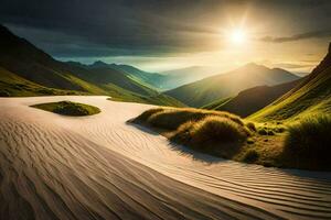 the sun shines on the dunes of the alps. AI-Generated photo