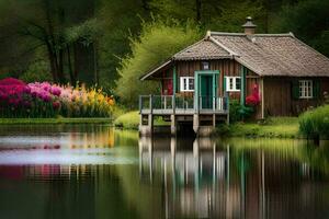 a small cabin by the water with flowers. AI-Generated photo