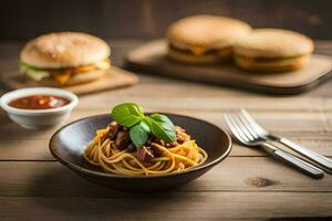 spaghetti with meatballs and tomato sauce on a wooden table. AI-Generated photo