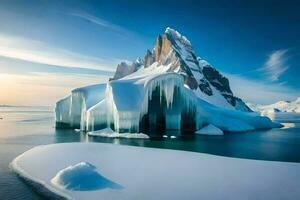 an iceberg floats in the water with snow on top. AI-Generated photo