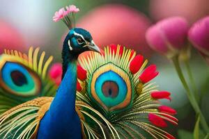 a peacock with colorful feathers standing in front of flowers. AI-Generated photo