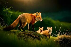 foxes in the wild, with their cubs. AI-Generated photo