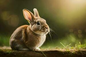 a small rabbit sitting on a log in the grass. AI-Generated photo