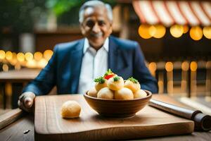 an elderly man sitting at a table with a bowl of food. AI-Generated photo