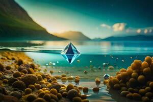 a diamond floating in the water with yellow balls. AI-Generated photo