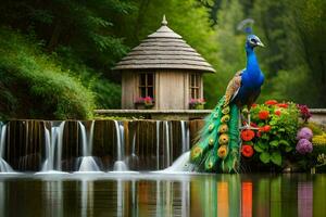 the peacock is standing on the edge of the water. AI-Generated photo