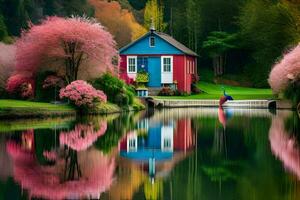 a house with pink trees and a pond in the background. AI-Generated photo