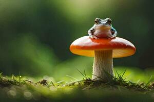 a frog sits on top of a mushroom. AI-Generated photo