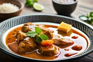 chicken curry with rice and vegetables in a bowl. AI-Generated photo