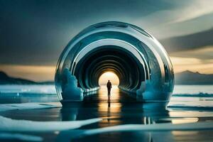 un hombre en pie en frente de un hielo túnel. generado por ai foto