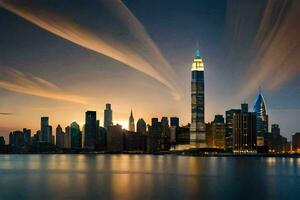 el horizonte de nuevo York ciudad a puesta de sol. generado por ai foto