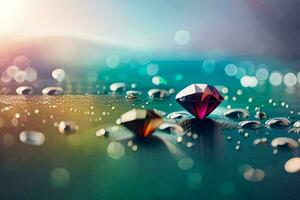 a diamond is sitting on the ground with water droplets. AI-Generated photo