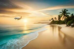 un avión volador terminado el playa a puesta de sol. generado por ai foto