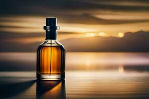a bottle of whisky on a table in front of a sunset. AI-Generated photo
