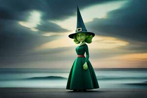 a cartoon witch standing on the beach with the ocean in the background. AI-Generated photo