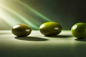 three green olives on a table. AI-Generated photo