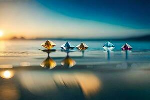 a group of colorful crystals sitting on the water. AI-Generated photo