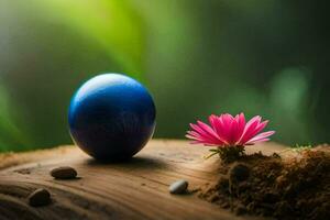 photo wallpaper the sky, flowers, the ground, the blue egg, the flower, the rock. AI-Generated