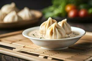 dumplings in a bowl on a wooden table. AI-Generated photo