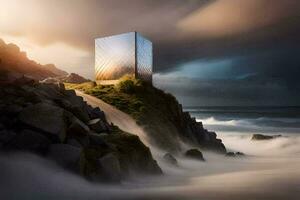a building on the ocean with a storm in the background. AI-Generated photo
