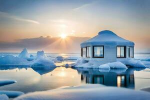 un pequeño casa sentado en parte superior de un iceberg. generado por ai foto