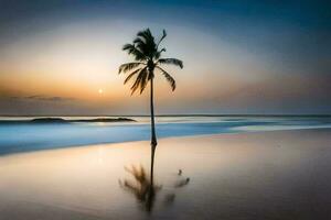 a lone palm tree stands on the beach at sunset. AI-Generated photo