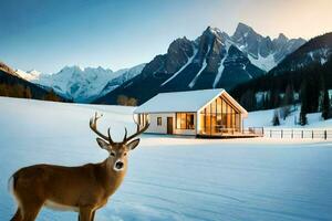 a deer stands in front of a cabin in the snow. AI-Generated photo