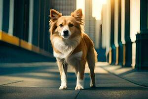 a dog standing on a bridge in the city. AI-Generated photo