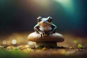 a frog sitting on top of a mushroom. AI-Generated photo