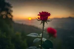 a red rose is seen in the foreground with the sun setting behind it. AI-Generated photo