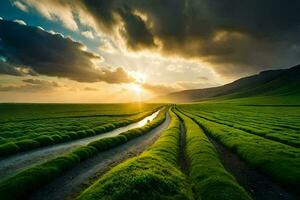 the sun sets over a green field with a dirt road. AI-Generated photo