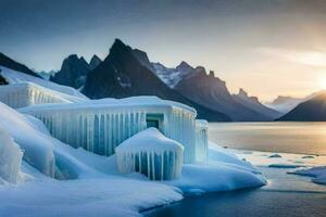 the sun sets over a frozen lake and icebergs. AI-Generated photo