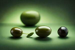 three green olives and an apple on a green background. AI-Generated photo