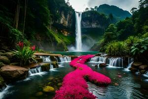 beautiful waterfall in thailand with pink flowers. AI-Generated photo
